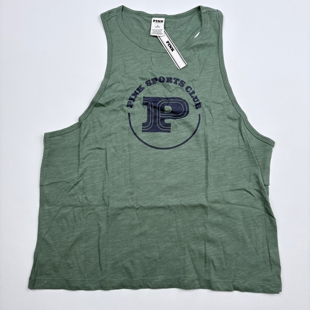 Victoria Secret PINK Sports Club Graphic Tank Top Shirt Green Cotton Racerback M